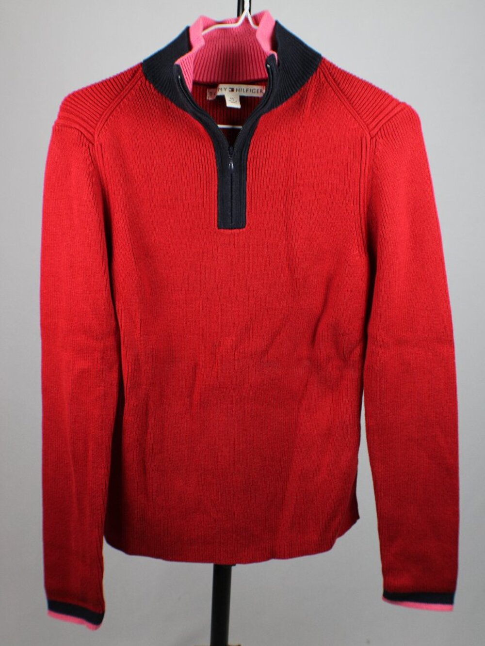 Vintage Tommy Hilfiger Red Ribbed Knit Quarter Zip Sweater Pink Navy Trim Medium